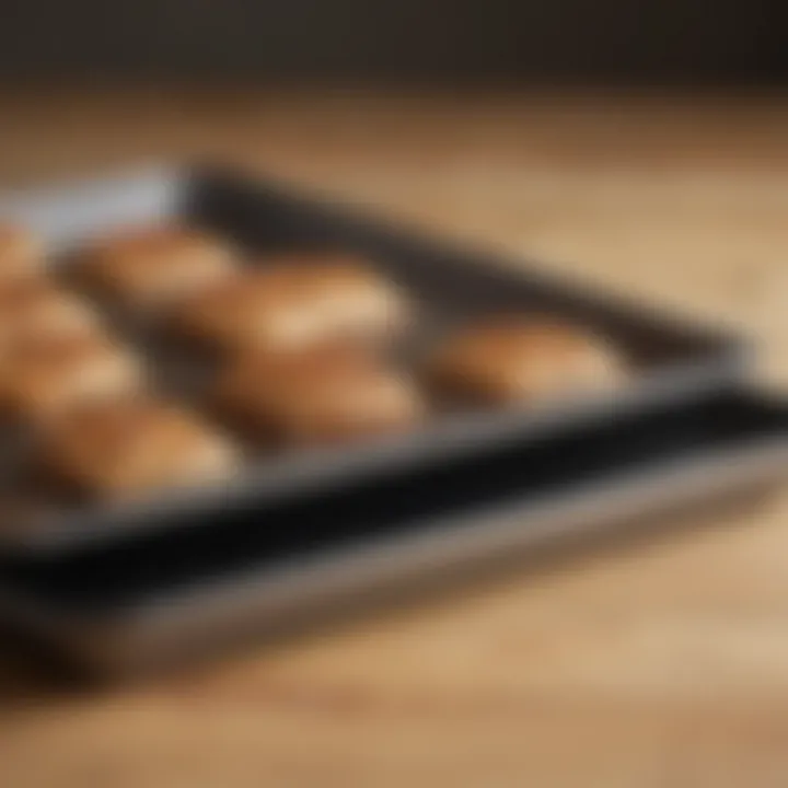 A well-maintained non-stick baking sheet pan next to a worn-out one