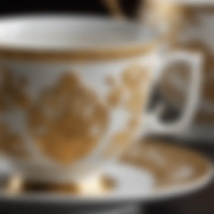 Close-up of a finely crafted porcelain tea cup with gold accents