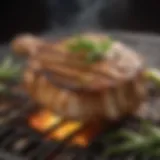 Sizzling pork chop on a grill with herbs and spices