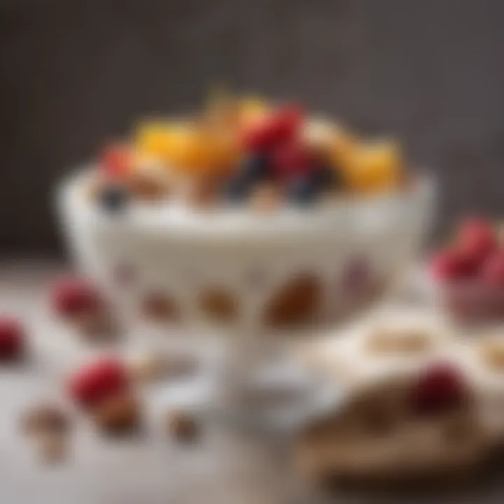 A colorful bowl filled with yogurt topped with fruits and nuts