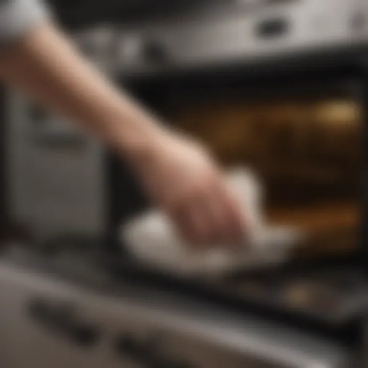 Close-up of a hand applying oven cleaner with a cloth