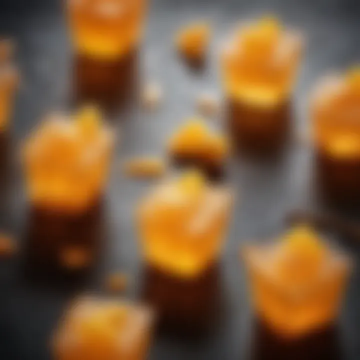 A close-up of orange jelly sticks with fresh fruit garnishes