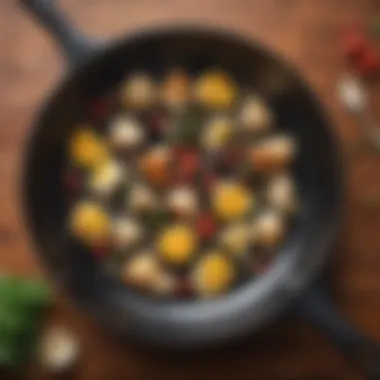 Ingredients in Oxo Nonstick Skillet Variety of ingredients in an Oxo nonstick skillet on a stovetop