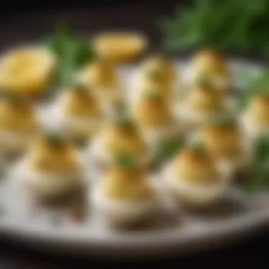 Elegant presentation of deviled eggs amidst fresh herbs and spices