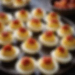 Array of beautifully garnished deviled eggs with vibrant toppings