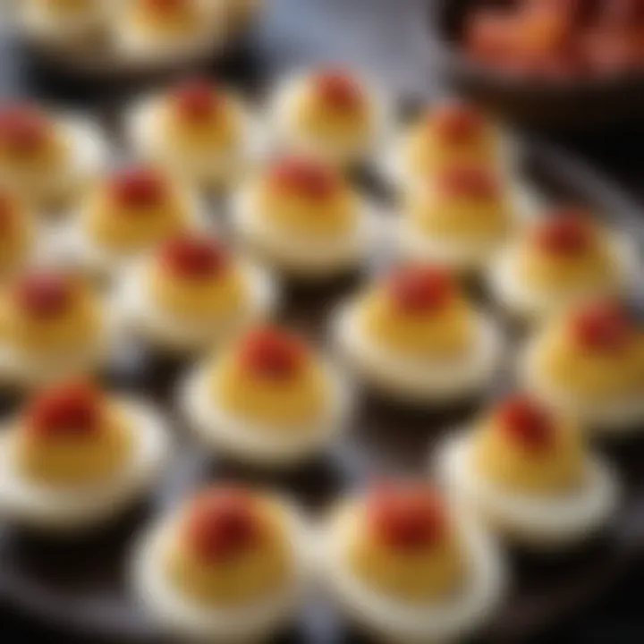 Array of beautifully garnished deviled eggs with vibrant toppings