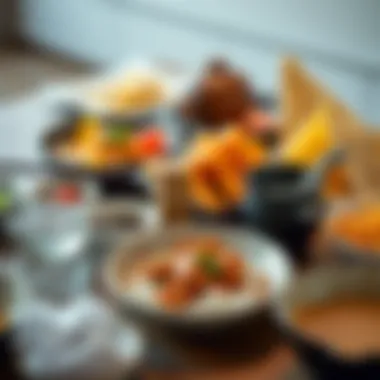 An artistic arrangement of a C and Y Chinese meal emphasizing presentation and cultural elements