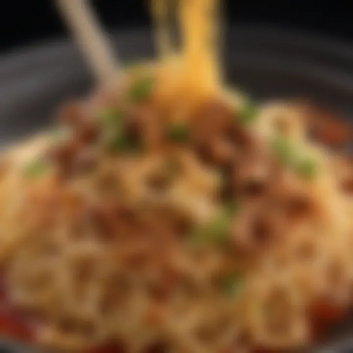 A close-up view of noodles with rich sauces, highlighting the intricate flavors and presentation.