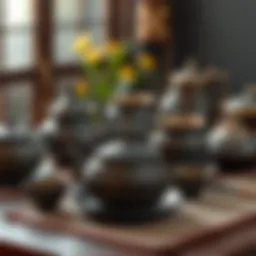 An artistic display of traditional iron tea sets showcasing intricate designs