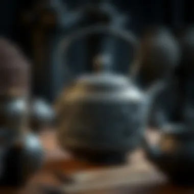 A close-up view of the craftsmanship in an iron tea pot highlighting fine details