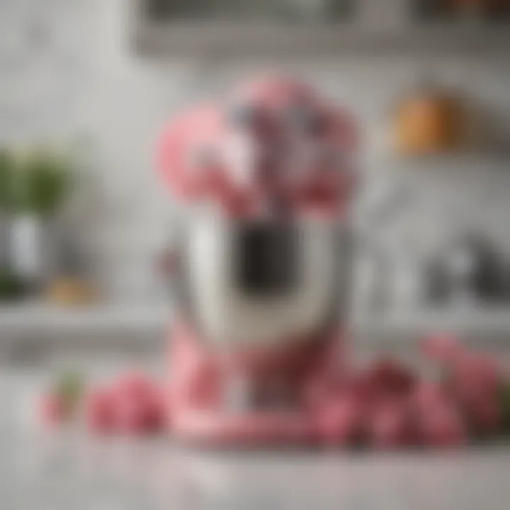 Close-up of a KitchenAid mixer adorned with delicate flowers, capturing the essence of aesthetic culinary creativity.