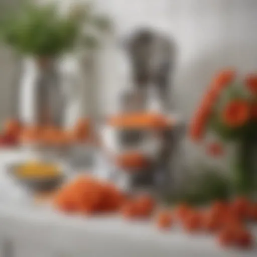 A vibrant floral arrangement beside a KitchenAid mixer, showcasing the harmony between culinary tools and nature.