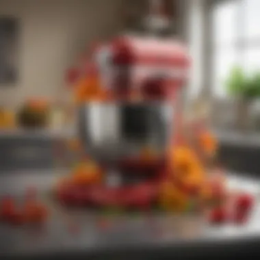 An artistic display of various flower-inspired ingredients arranged around a KitchenAid mixer, emphasizing the influence of floral aesthetics in cooking.