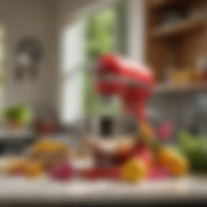 A kitchen scene featuring a KitchenAid mixer with colorful floral accents, illustrating the vibrant connection between cooking and nature.