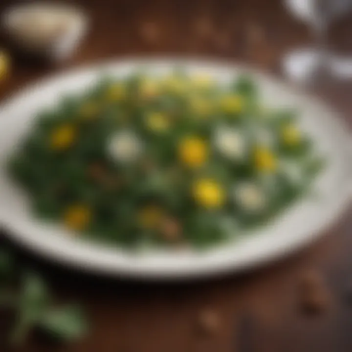 An elegant dish featuring sautéed organic dandelion greens garnished with nuts and citrus, illustrating their culinary versatility.