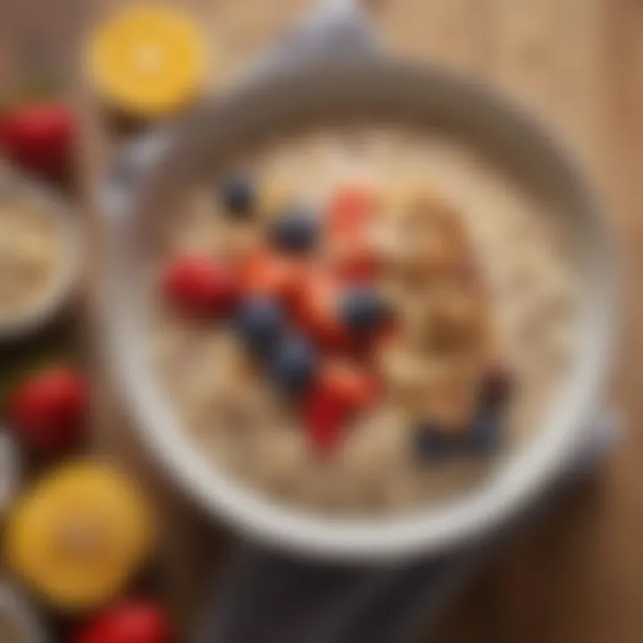 A bowl of steel cut oats topped with fresh fruits and nuts