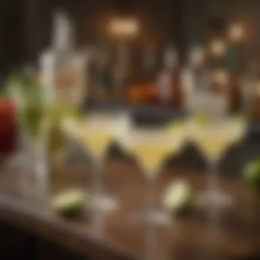 A stylish bar setup showcasing margarita glasses and colorful ingredients