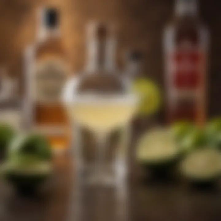 An array of premium tequila bottles and fresh limes ready for cocktail crafting