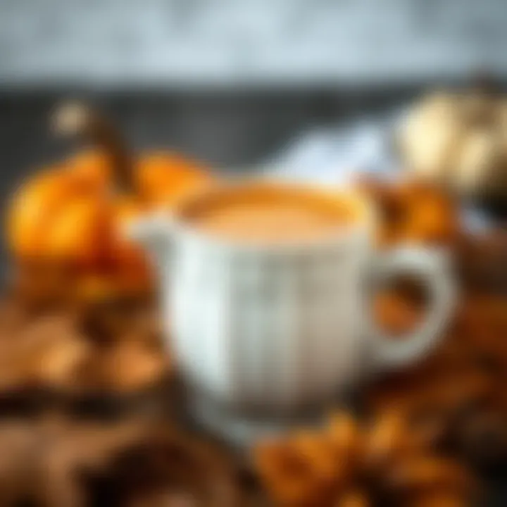 Pumpkin Creamer in a Decorative Cup Surrounded by Autumn Elements Pumpkin creamer in a decorative cup surrounded by autumn elements