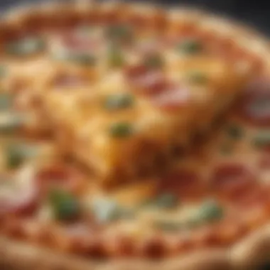 A slice of pizza revealing layers of cheddar cheese and crust