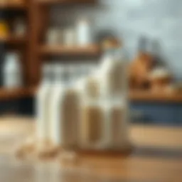 Different varieties of milk on a wooden table