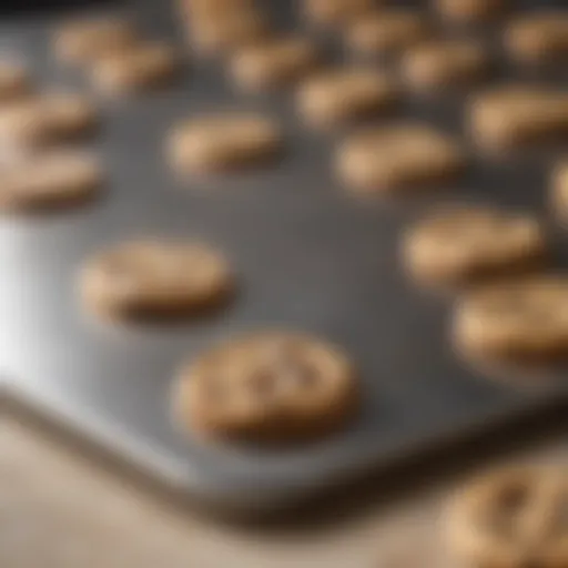 Close-up of a stainless steel cookie sheet highlighting its shiny surface and durability.