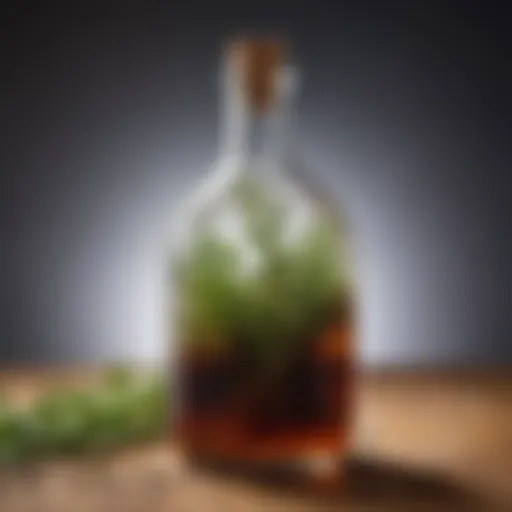 A close-up view of vinegar in a glass bottle with herbs