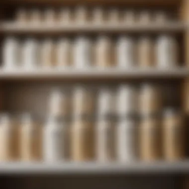 Organized kitchen shelf showcasing various white flour sugar canisters