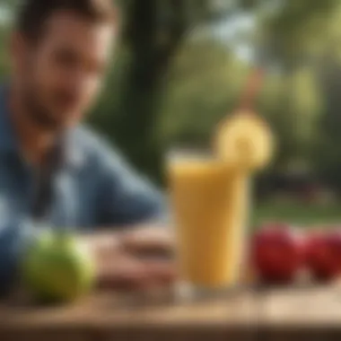 A person enjoying a refreshing apple juice smoothie outdoors