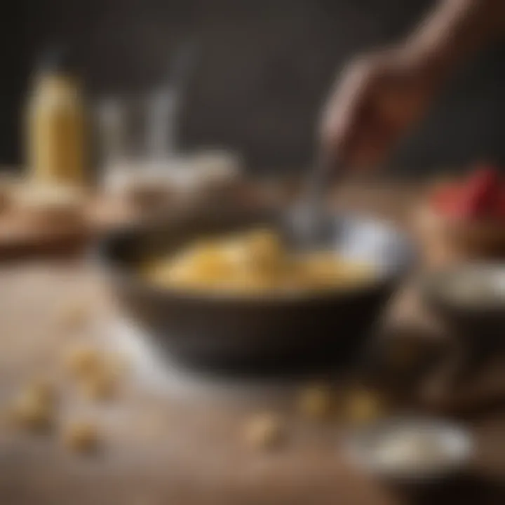 A small rubber spatula resting against a bowl filled with batter, highlighting its utility in baking.