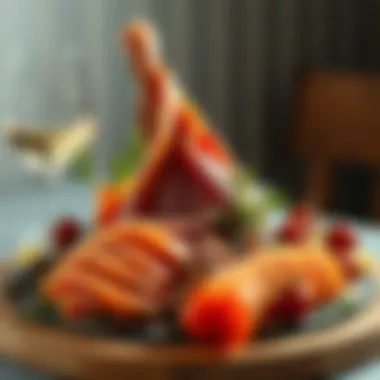 Artful Presentation of Jamón Ibérico A beautifully arranged platter of Jamón Ibérico with garnishes