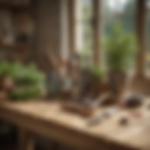 Gardening tools displayed on a wooden bench