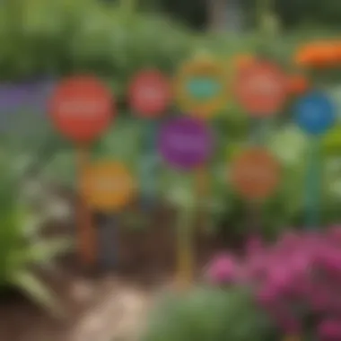 Personalized garden markers in a colorful garden