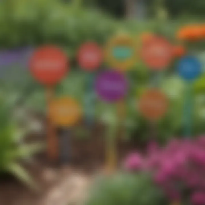 Personalized garden markers in a colorful garden