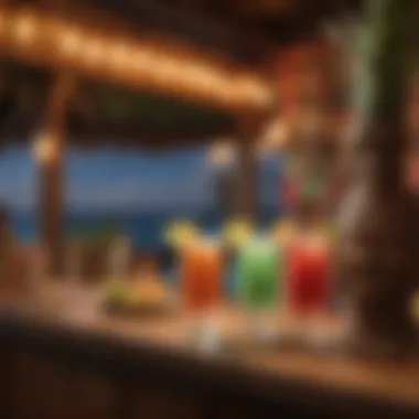 Colorful tiki bar setup with exotic drinks and island motifs