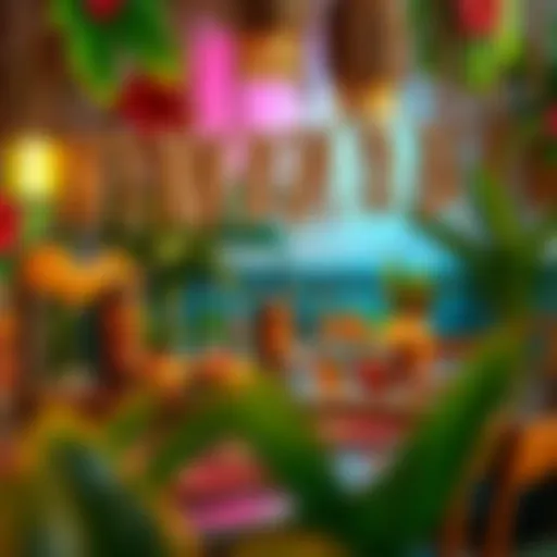 Vibrant tiki bar set up with colorful decorations and tropical motifs.