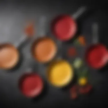 Colorful non-stick frying pans arranged neatly, highlighting their vibrant hues and non-toxic surfaces.