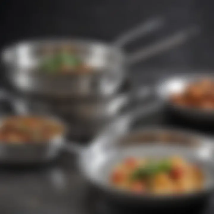 A close-up view of premium stainless steel pan set showcasing their elegant finish and sturdy handles.