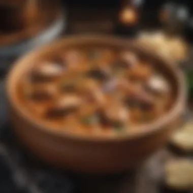 A close-up of gumbo served in a rustic bowl, rich in spices and ingredients