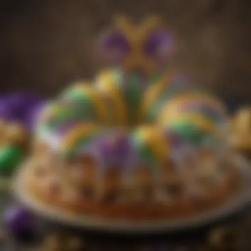 Colorful King Cake adorned with traditional Mardi Gras decorations