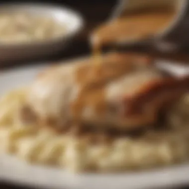 Close-up of a rich turkey gravy poured over mashed potatoes