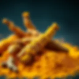 A vibrant display of turmeric roots and powder, illustrating its natural essence