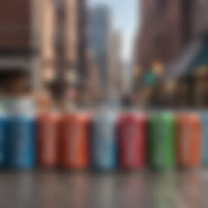 A display of Two Lane Seltzer cans against a backdrop of market trends.