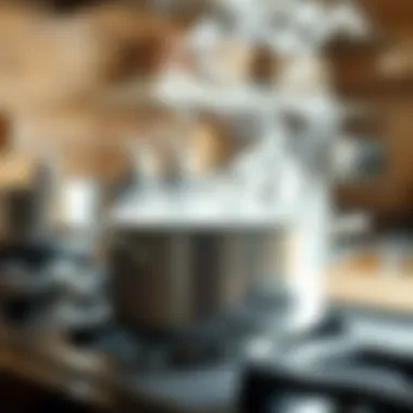 Close-up of a 1 qt pot on a stovetop with steam rising
