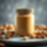 A jar of creamy almond butter with almonds scattered around it