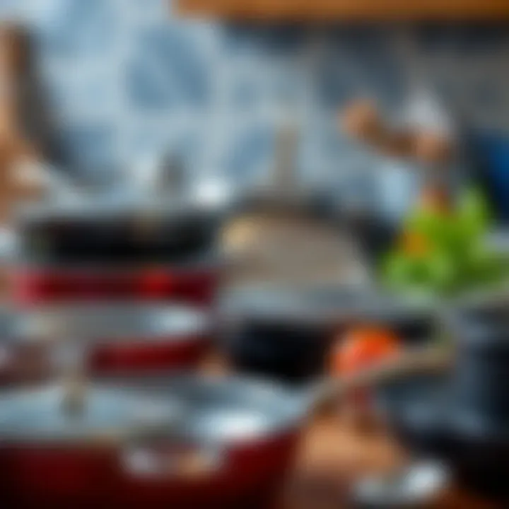 An assortment of anodized non-stick pans arranged aesthetically