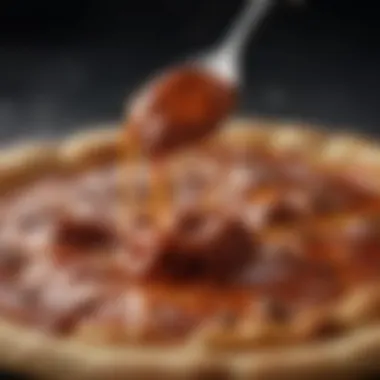 A close-up of a BBQ sauce being drizzled over a freshly baked pizza