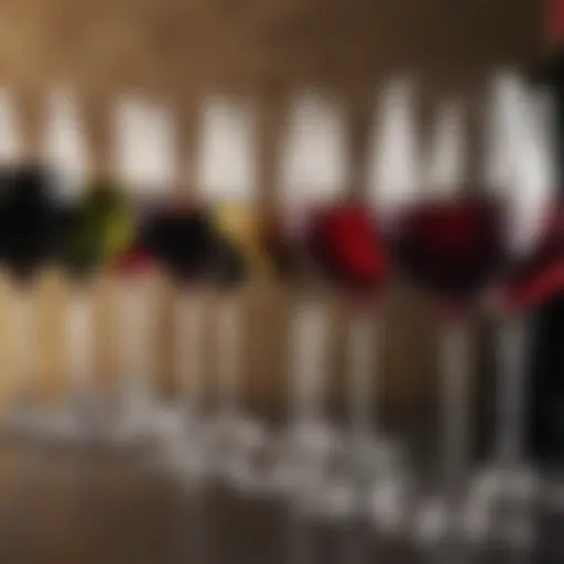 Colorful array of wine glasses filled with different wines showcasing their hues