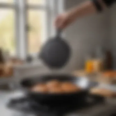 A cast iron skillet being lifted with a handle mitt, emphasizing safety in the kitchen.