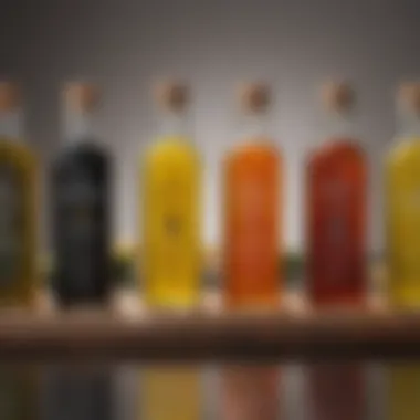 A variety of cold pressed oils displayed in elegant glass bottles